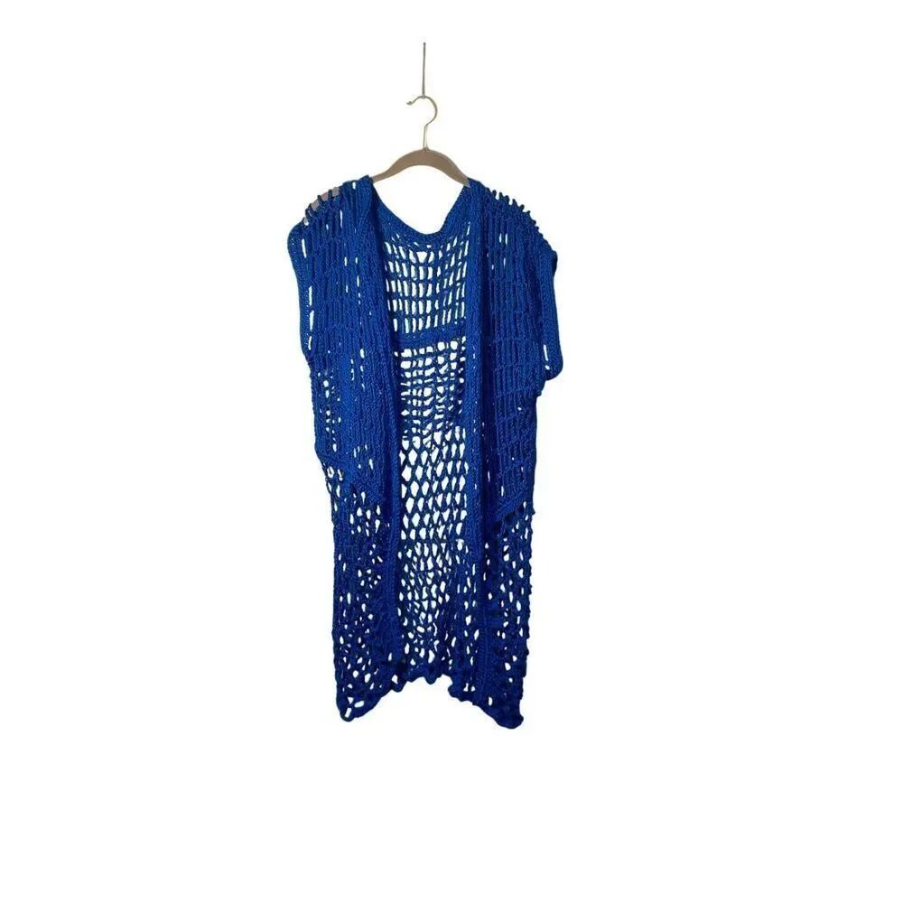Handmade royal blue crocheted open knit front cardigan/cover-up OSFM